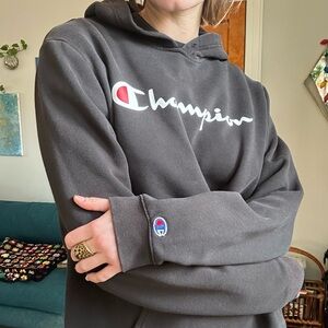 Black Champion logo hoodie oversized tagged US Large